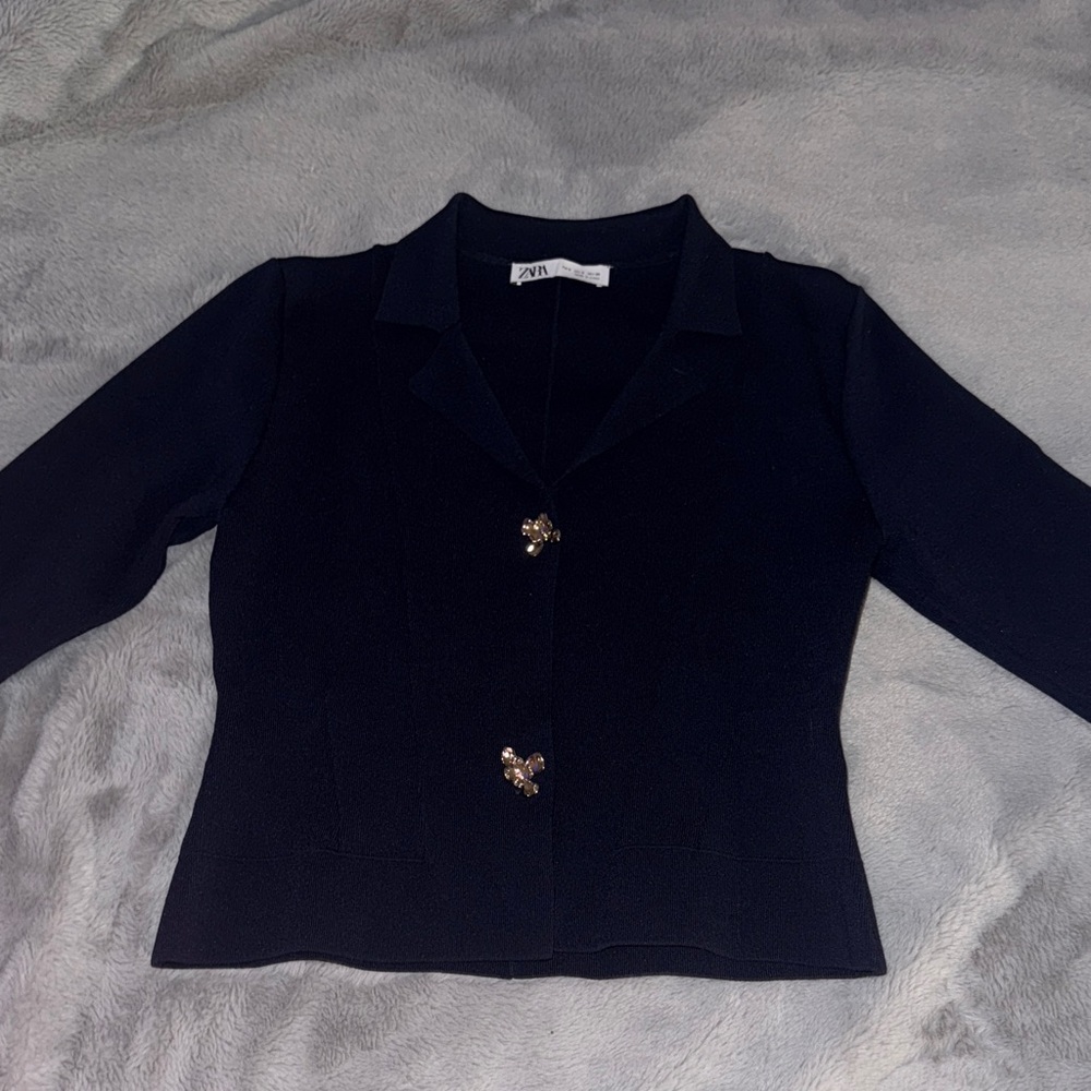 Zara Women's Navy Blazer with Gold Buttons